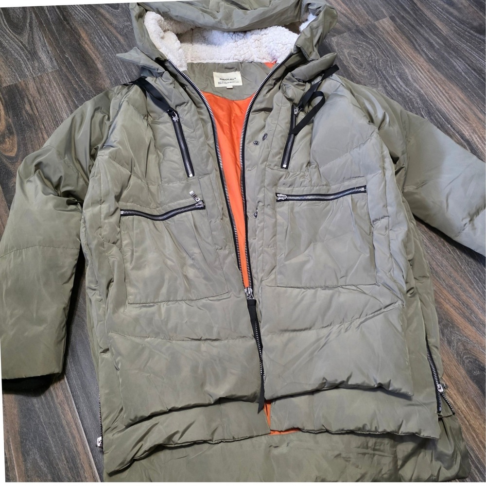 Orolay Thickened Down Jacket Olive Green Orange Lining Sherpa Hood Mens Large